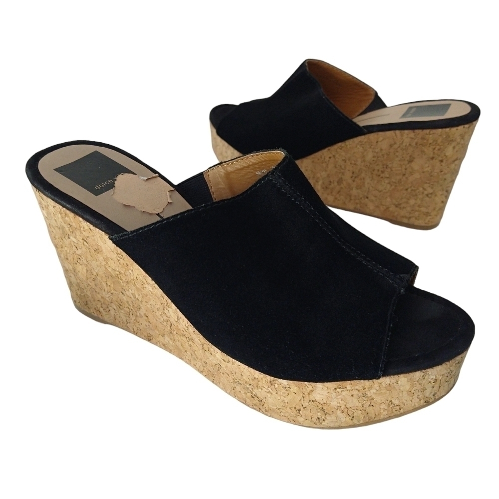 Dolce Vita Black Suede Cork Platform Mules Sandals Peep Toe Slip Ons Modern
